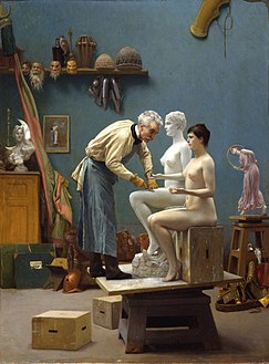 《在大理石中工作》, 1890, 达赫什艺术博物馆; 热罗姆描绘他自己在雕刻塔纳格拉]].