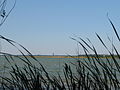 Lake Cospuden today. Viewing direction northwards with the towers of Leipzig in the background