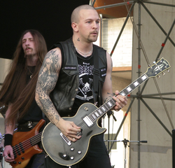 Dissection live in 2005. Front: vocalist and guitarist Jon Nödtveidt; back: bassist Brice Leclerq.