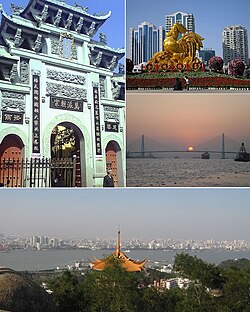 From top: Zhengguo Temple, Renmin Square, Queshi Bridge, Shantou overview.