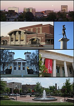 Clockwise from top: Spartanburg skyline, Daniel Morgan Monument, Chapman Cultural Center, Morgan Square, Old Main at Wofford College, Spartanburg Memorial Auditorium