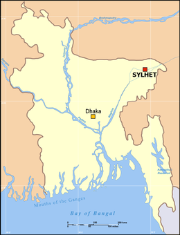 锡尔赫特及孟加拉首都达卡相对位置图