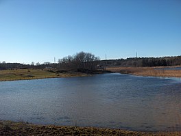 A low-lying lake, surrounded by trees