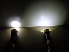 Beam angle comparison between two dive lights with the same LED; with lens on left and without lens on right