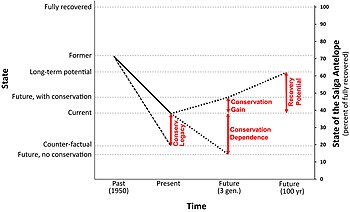 Line chart tracing changes in status or Green Score percentage over time in different conservation scenarios with labeled differences