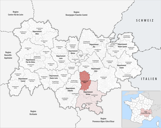 瓦朗斯区在奥弗涅-罗讷-阿尔卑斯大区与德龙省的位置
