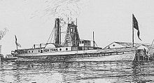 The 1836 paddle steamer New York. Between the paddlewheels is the tall square or "A-frame" engine, within which can be seen the long piston rod, near the top of its stroke, making a "T" with the horizontal crosshead