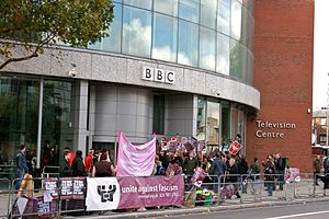 Protesters outside BBC Television Centre during the Question Time British National Party controversy