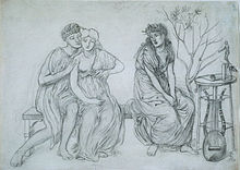 line drawing of three figures: a man embraces a woman, with another woman looking on