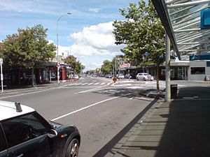Ponsonby Road, in the 'Three Lamps' area at northern end of the suburb, looking southwards.