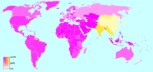Map showing the prevalence of "Abrahamic religion" (purple), and "Indian religion" (yellow) religions in each country