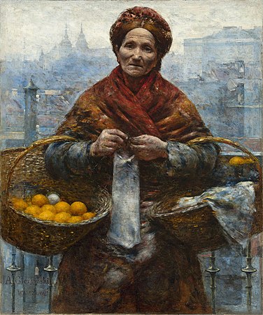 图为一幅名为《拿着橘子的犹太人》的布面油画作品，由亚历山大·吉列姆斯基所绘制。