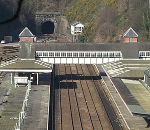 An overhead view of a railway station with two tracks and two side platforms connected with a footbridge. A tunnel portal is visible in the background.