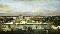 贝纳多·贝洛托的《慕尼黑的宁芬堡宫》（Nymphenburg Palace, Munich），68.4 × 119.8cm，约作于1761年，来自山缪·亨利·卡瑞斯的收藏。[50]