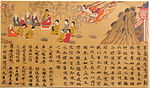 People seated around a Buddha statue and two heavenly beings descending from the sky. The lower part of the painting is covered by Chinese text.