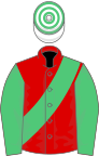 RED, emerald green sash and sleeves, white and emerald green hooped cap