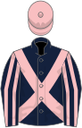 Dark blue, pink cross-belts, striped sleeves, pink cap