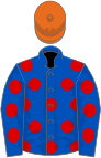 Royal blue, red spots, orange cap