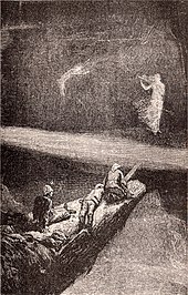 Depiction of She, Holly, Leo, and Job journeying to the cavern containing the Pillar of Life. Ayesha stands on one side of a deep ravine, having crossed over using a plank of wood as a demonstration of its safety. She beckons the three Englishmen to follow her. A great beam of light divides the darkness about them.