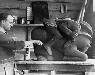 Waylande Gregory working on one of the six ceramic figures comprised in the WPA sculptural fountain, Light Dispelling Darkness (1937), at Roosevelt Park in Edison, New Jersey