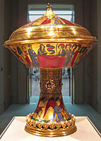 The Royal Gold Cup with basse-taille enamels; weight 1.935 kg, British Museum. Saint Agnes appears to her friends in a vision.