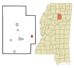 维达曼在卡尔霍恩县及密西西比州的位置（以红色标示）