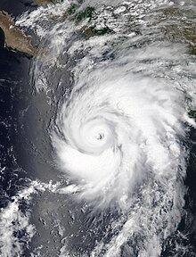 A satellite image of Hurricane Genevieve at Category 3 intensity