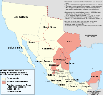 A map of Mexico, showing state and territory divisions as of 1835. Texas, Coahila, Nuevo León, Tamaulipas, Zacatecas and the Yucatán are shaded, marking them as having separatist movements.