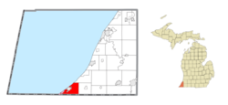 新布法罗镇区在贝林县及密歇根州的位置（以红色标示）