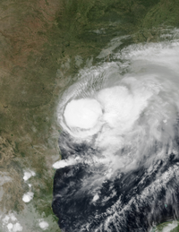 An infrared composite satellite image of Hurricane Nicholas near the coast of Texas on September 14, 2021.