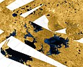 Image 4Titan's north polar hydrocarbon seas and lakes, as seen in a false-color Cassini synthetic aperture radar mosaic (from Lake)