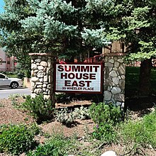 Photo of main building sign visible from Copper Road at Copper Mountain Resort, located in Summit County, Colorado.