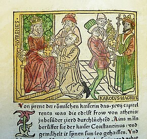 Coloured woodcut of Charlemagne holding a staff and Irene seated on a throne