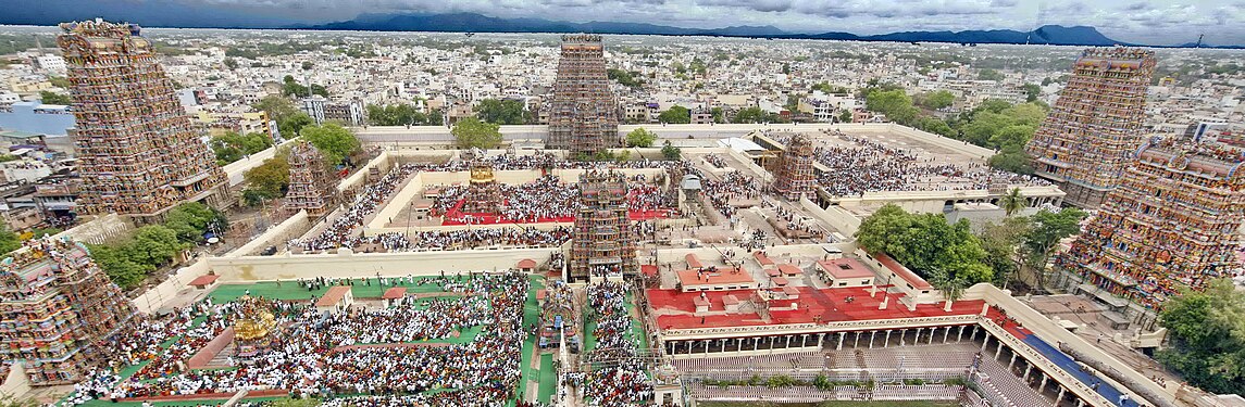 An aerial view of the compound of Meenakshi temple from the top of the southern gopuram, looking north.
