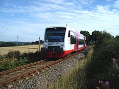 A Stadler Regio-Shuttle RS1 unit along Stollberg–St. Egidien railway line. (August 2012)