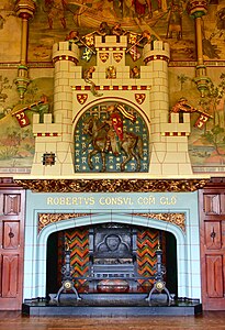 Gothic Revival fireplace in the banqueting hall of the Cardiff Castle, Cardiff, UK, by William Burges, 1873