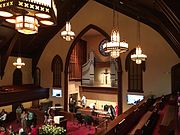 First Baptist Church Wilmington Interior facing Altar from Balcony, showing Lighting