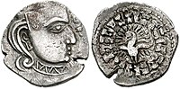 Silver head of Skandagupta, peacock on reverse, 455-467. Style of the Western Satraps.[108][109][110]