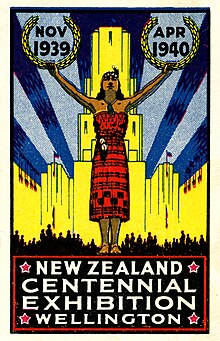 A poster with a woman standing below a large building with her arms outstretched, holding wreaths labeled "NOV 1939" and "APR 1940". Below her is the text "NEW ZEALAND CENTENNIAL EXHIBITION WELLINGTON"