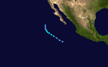 A track map of a tropical storm over the Eastern Pacific Ocean, off the west coast of Mexico; the system initially moves northwestward at a brisk pace, slowing down and turning northward later in its life