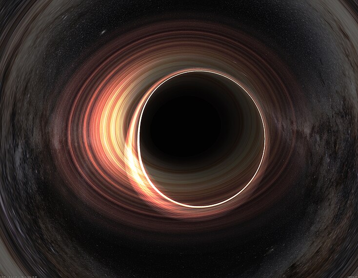 Spinning and charged black hole with accretion disk, viewed at an angle of 45°