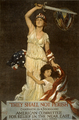 Columbia depicted in an American Committee for Relief in the Near East poster defending an Armenian woman beneath her flag