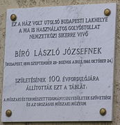 位于匈牙利布达佩斯第二区一带的比罗·拉斯洛纪念牌匾。