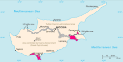 Location of Akrotiri (pink) on Cyprus (pink, grey and beige)