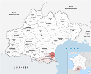 佩皮尼昂区在奥克西塔尼大区与东比利牛斯省的位置