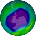 Image of the largest Antarctic ozone hole recorded to date (September 2006).