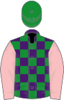 Purple and green check, pink sleeves, green cap