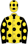 Yellow, black spots, black sleeves, yellow spots