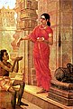A rich woman giving alms to a poor person, by Raja Ravi Varma.