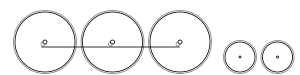 Diagram of three large driving wheels joined together with a coupling rod, and two small trailing wheels